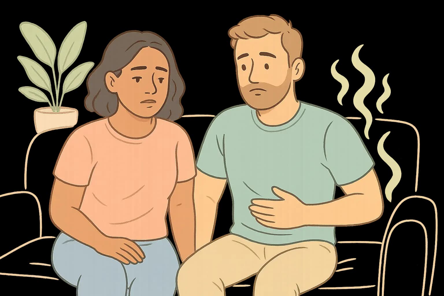 Mildly worried couple on a couch, one holding stomach with gas smell wisps
